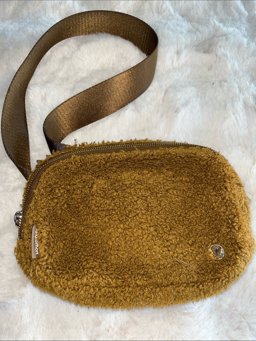 lululemon athletica Mustard Sherpa Crossbody Pouch with Brown Strap